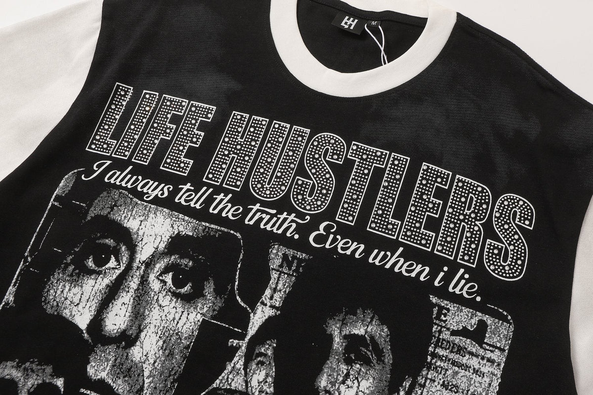 Life Hustlere Rhinestone Graphic Two-Tone T-Shirt ¡ª detail