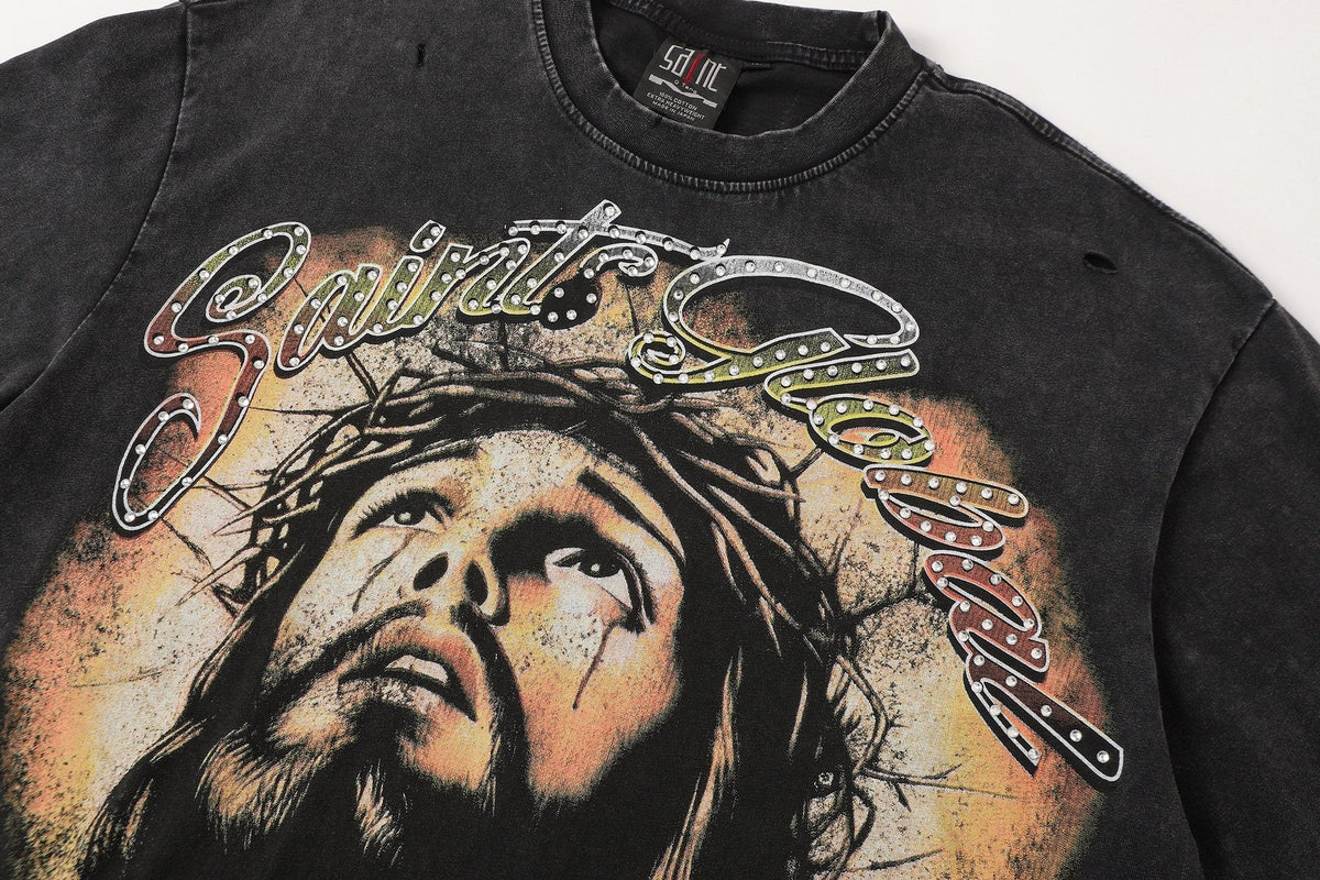 SAINT Jesus Graphic Washed Black T-Shirt ¡ª detail