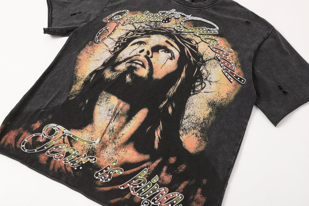 SAINT Jesus Graphic Washed Black T-Shirt ¡ª detail