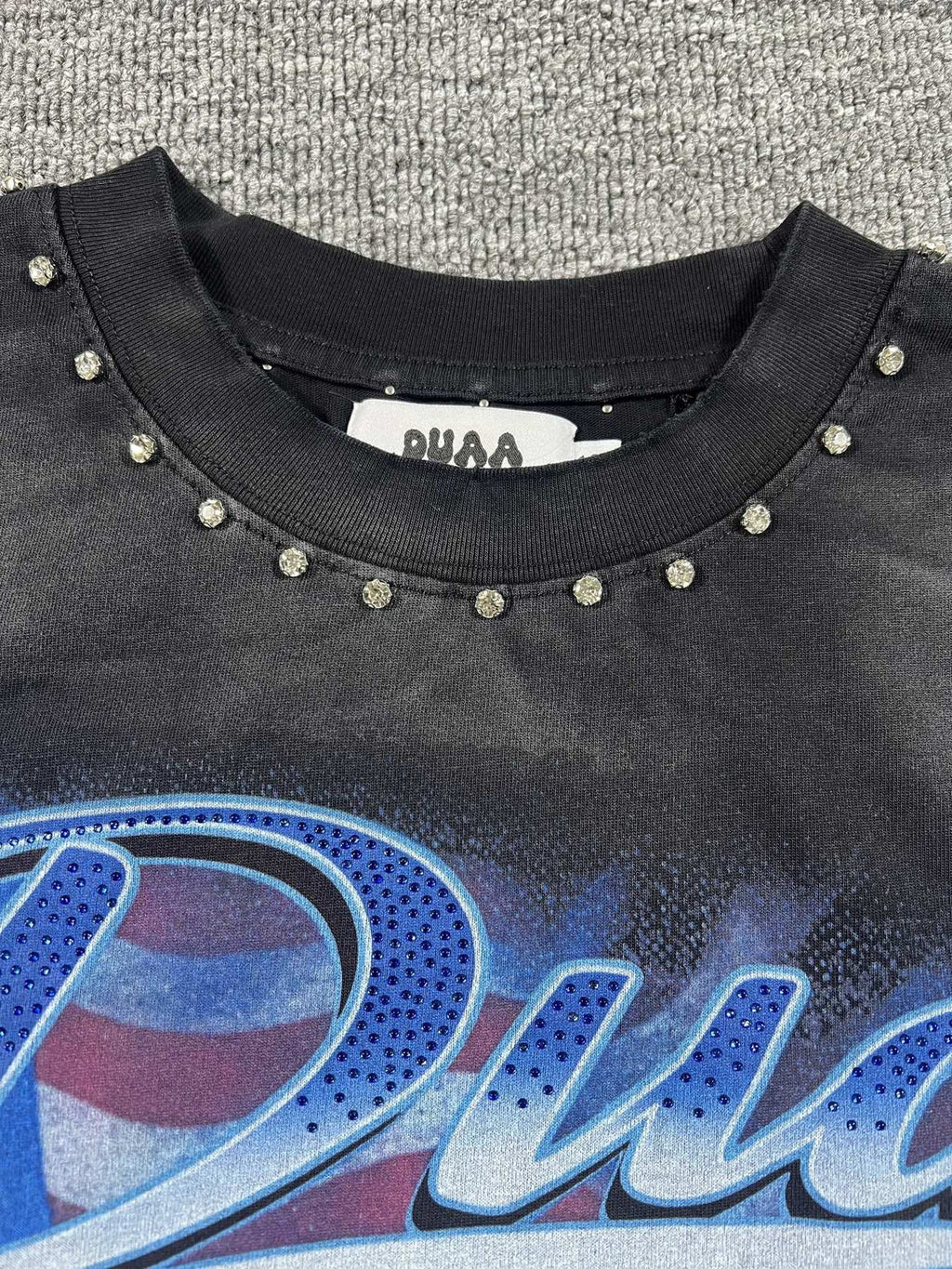 DUAA Blue Motorcycle Graphic Studded T-Shirt ¡ª neck_label