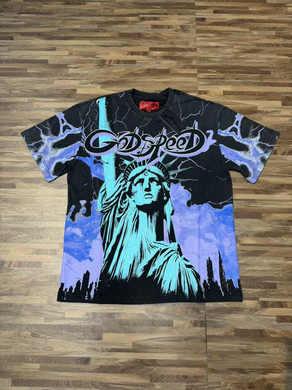 Godspeed Statue of Liberty Lightning Graphic T-Shirt ¡ª front