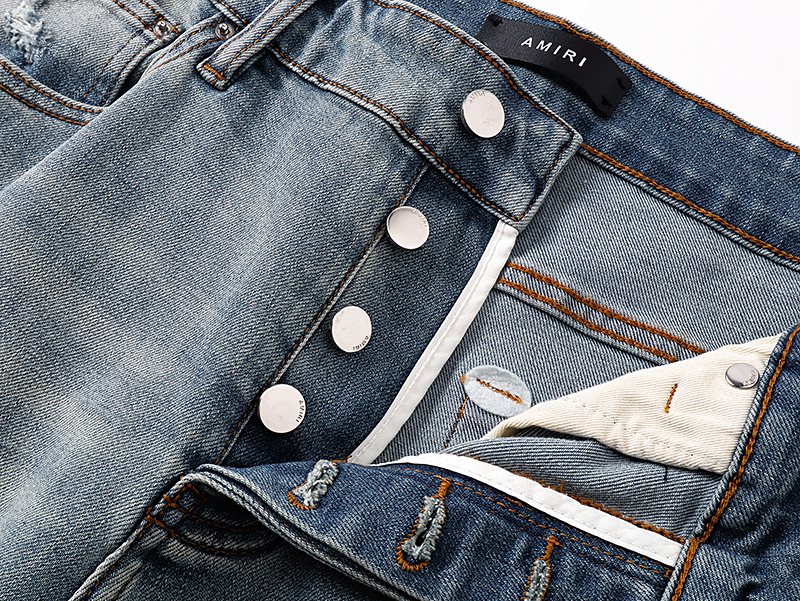 AMIRI Light Blue Distressed Monogram Denim Shorts ¡ª detail