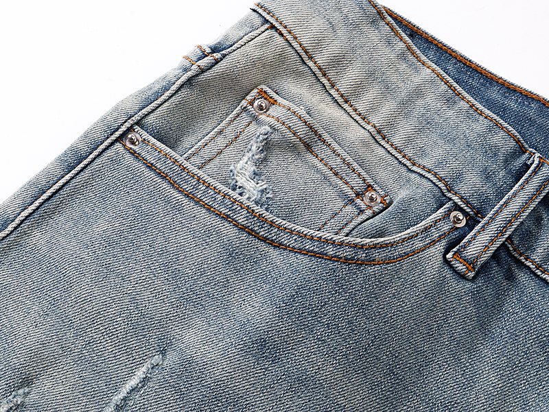 AMIRI Light Blue Distressed Monogram Denim Shorts ¡ª detail