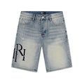 AMIRI Light Blue Distressed Monogram Denim Shorts ¡ª front