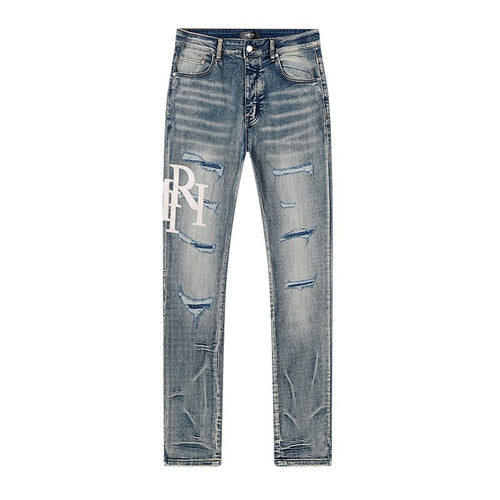 AMIRI Light Blue Distressed Letter Graphic Jeans ¡ª front