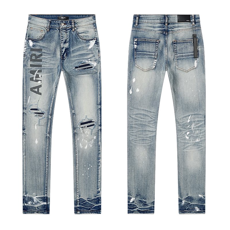Amiri Light Blue Distressed Leg Print Jeans ¡ª hero