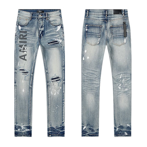 Amiri Light Blue Distressed Leg Print Jeans ¡ª hero