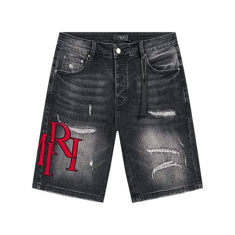 AMIRI Washed Black Embroidered Denim Shorts ¡ª front