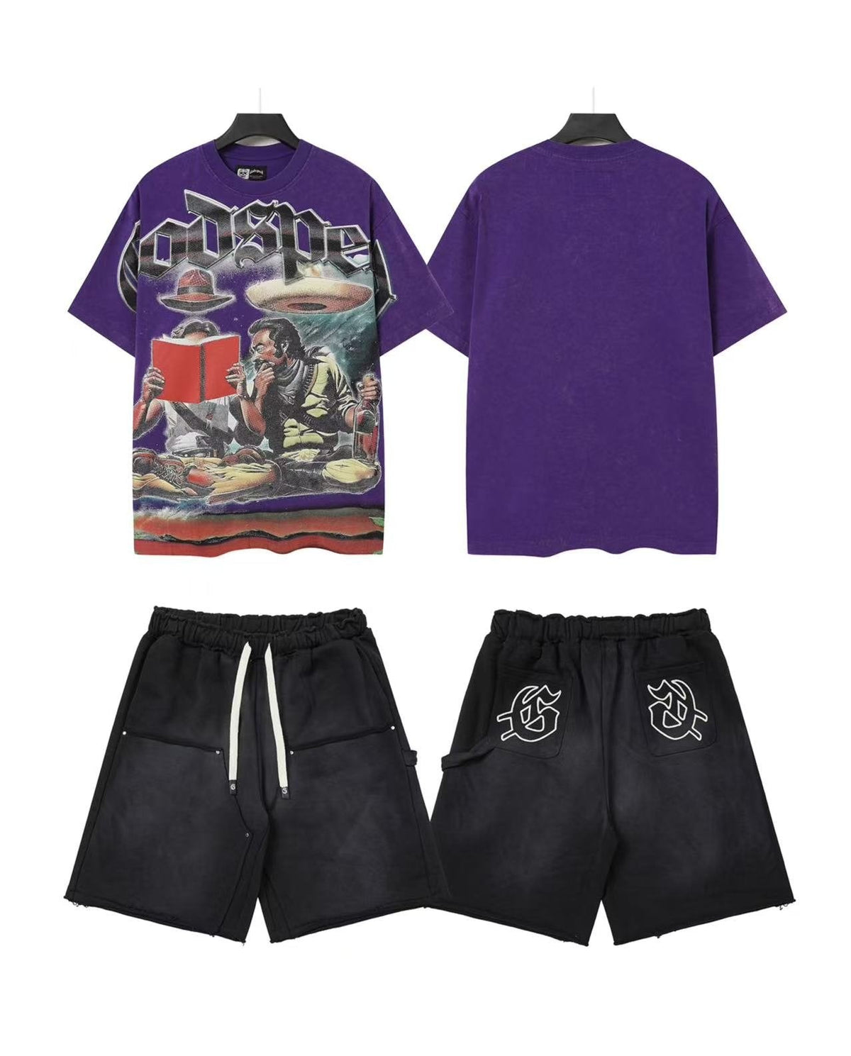 Godspeed Purple Graphic T-Shirt & Black Shorts Set ¡ª front