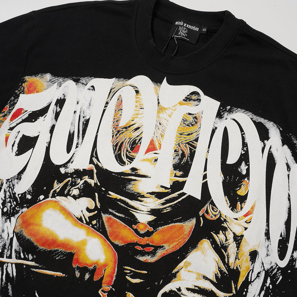 MIXED EMOTION Black Illustrated Front & Back Graphic T-Shirt ¡ª detail