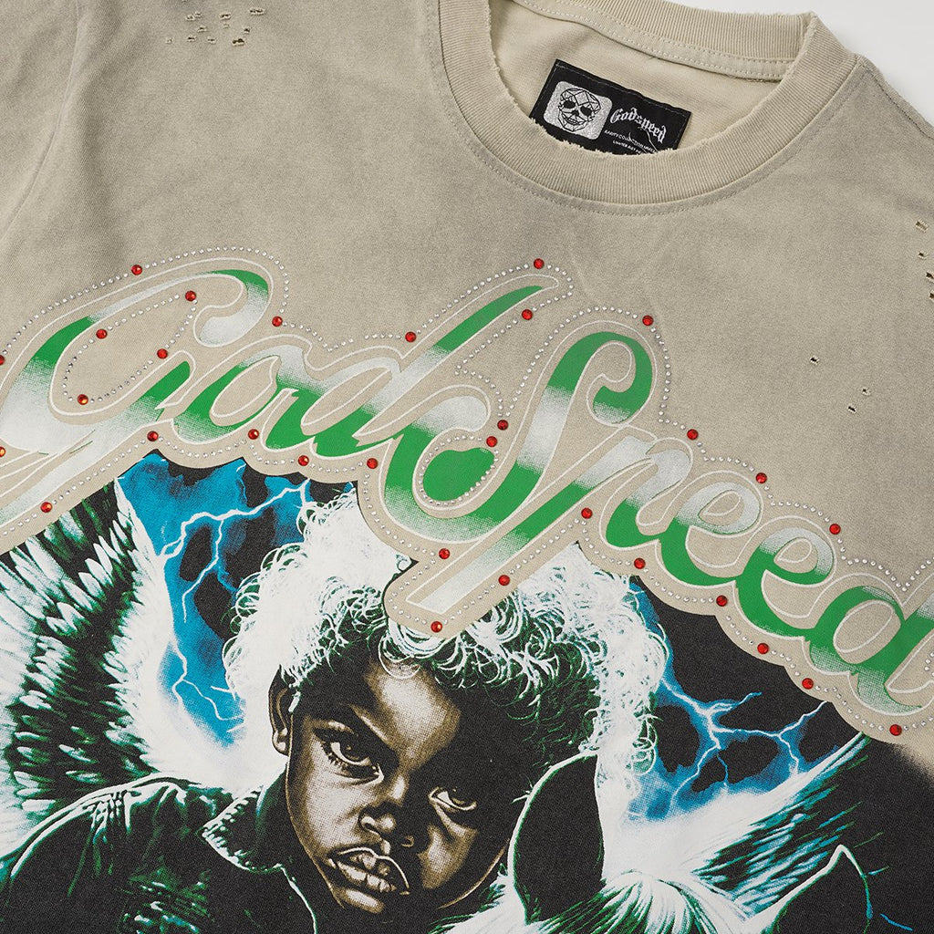 Godspeed Distressed Rhinestone Short-Sleeve Graphic T-Shirt ¡ª detail