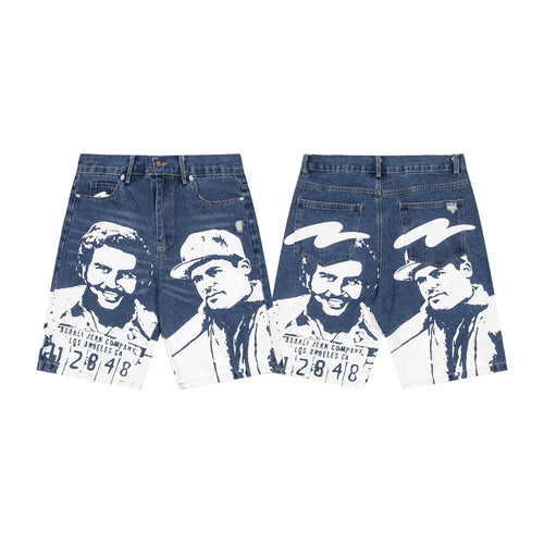 ASAALL Portrait Graphic Washed Denim Shorts ¡ª front