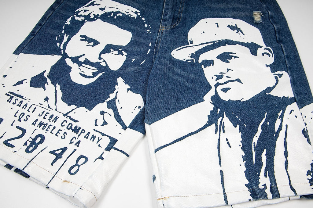 ASAALL Portrait Graphic Washed Denim Shorts ¡ª detail