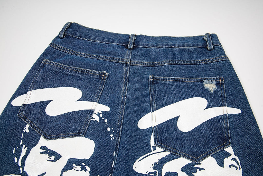 ASAALL Portrait Graphic Washed Denim Shorts ¡ª detail