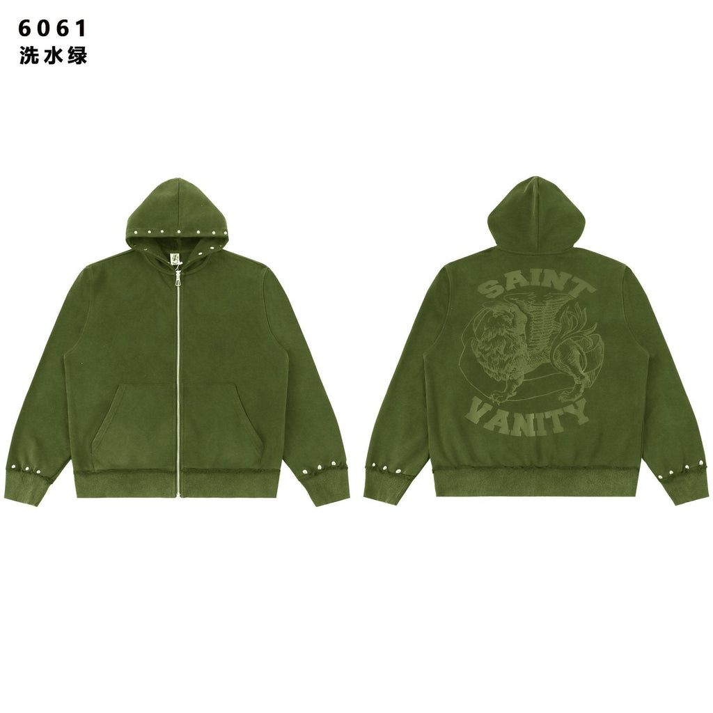 SAINT Washed Animal Graphic Zip Hoodie & Shorts Set ¡ª front