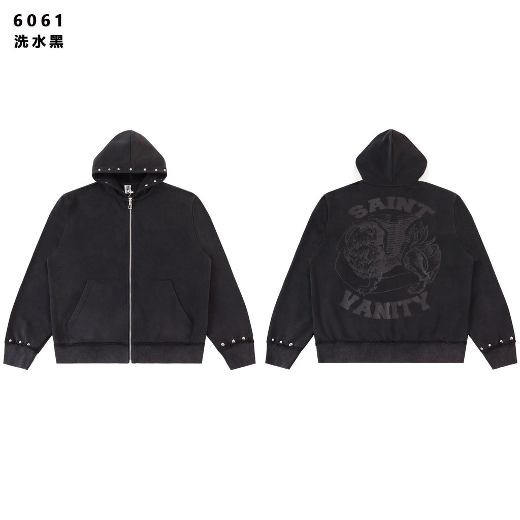 SAINT Washed Animal Graphic Zip Hoodie & Shorts Set ¡ª front