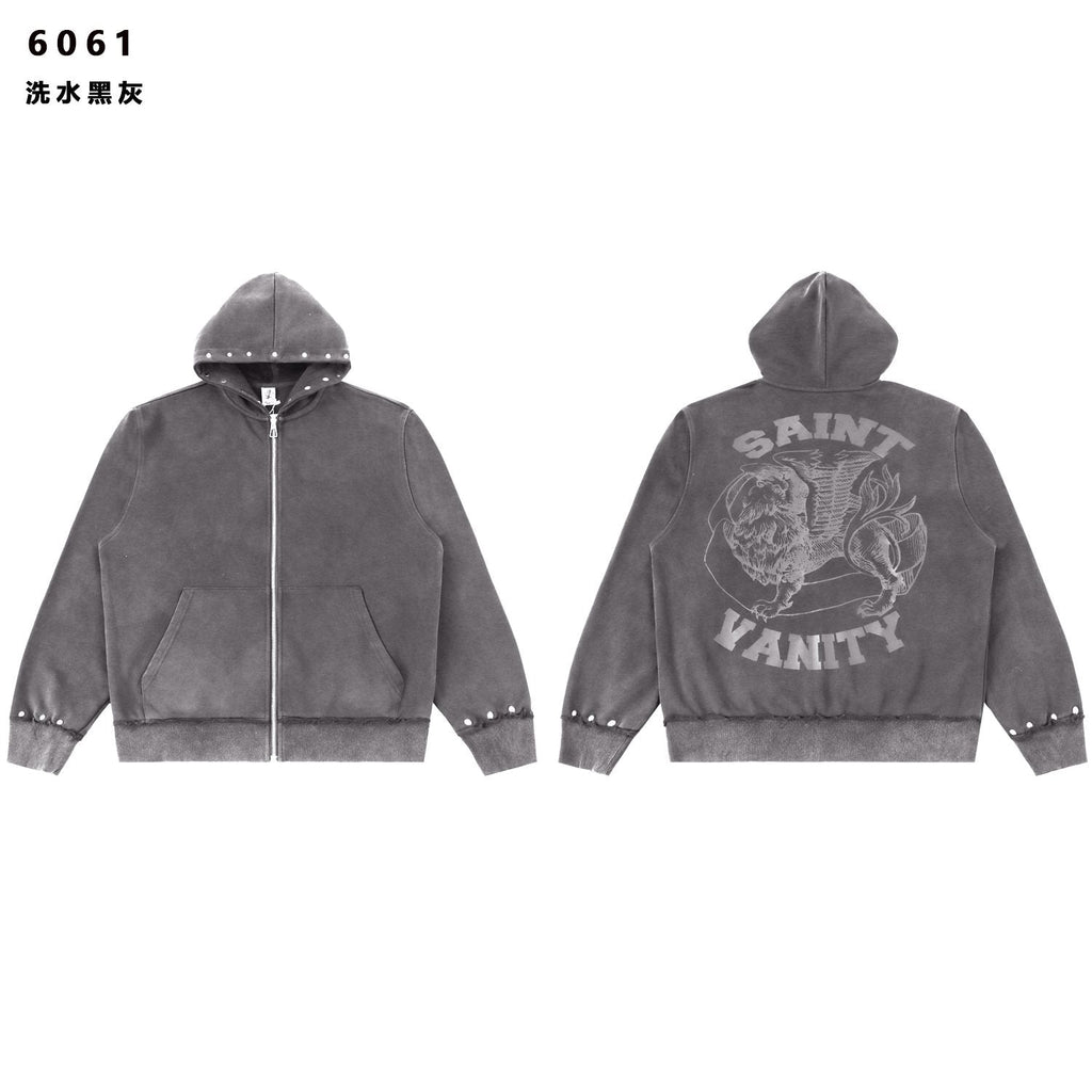 SAINT Washed Animal Graphic Zip Hoodie & Shorts Set ¡ª front