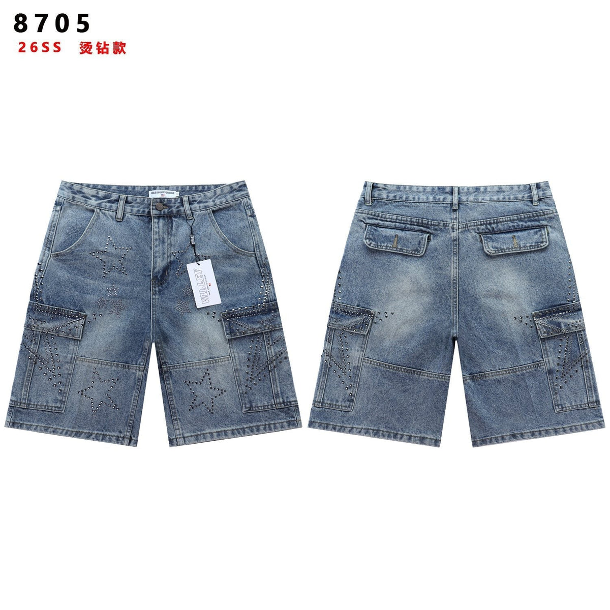 VALLEY Star Rhinestone Denim Cargo Shorts ¡ª hero