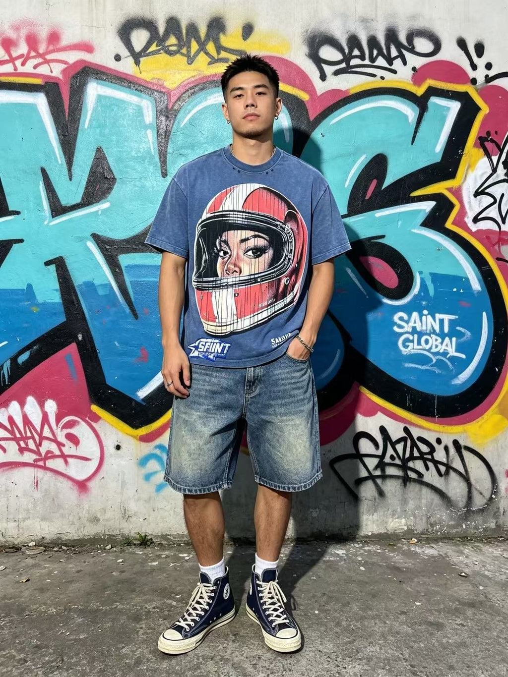 SAINT Washed Rhinestone Graphic T-Shirt ¡ª model