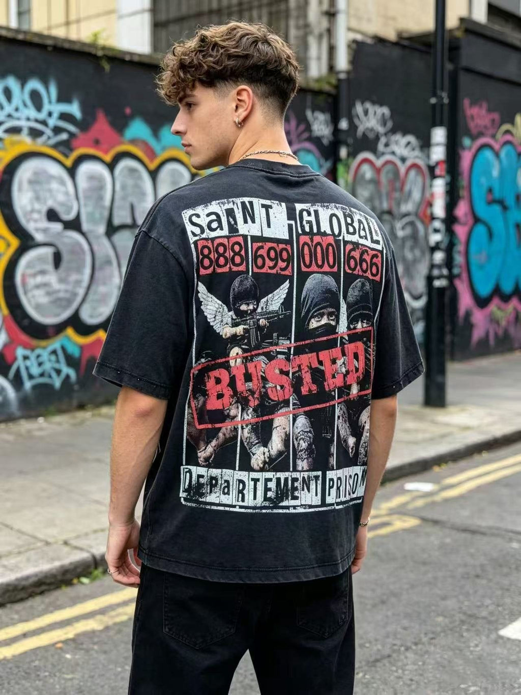 SAINT Rhinestone Distressed Graphic T-Shirt ¡ª model