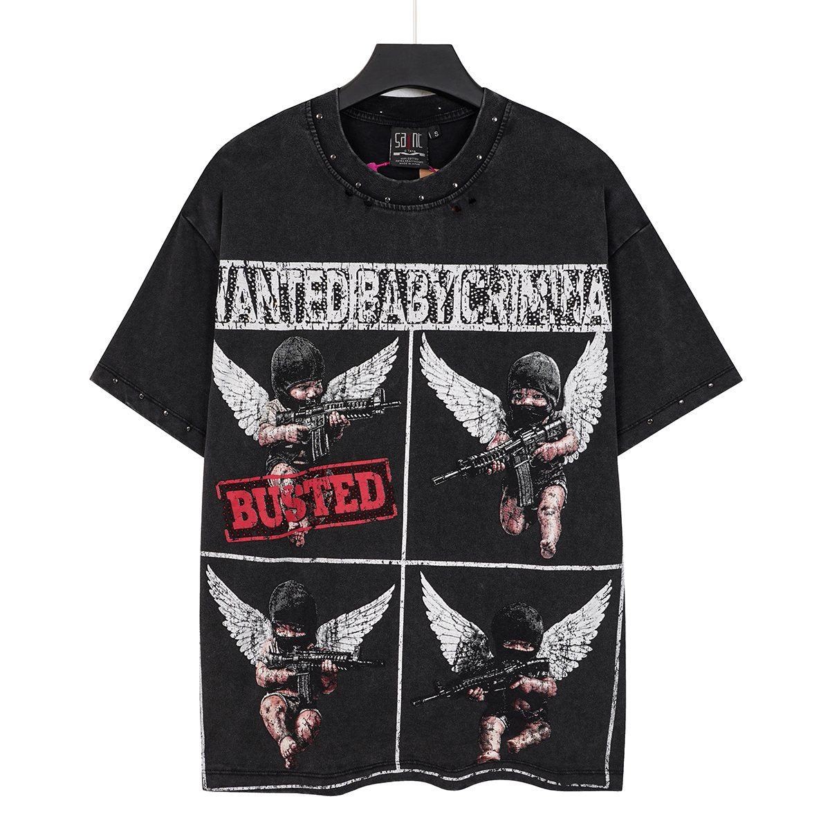SAINT Rhinestone Distressed Graphic T-Shirt ¡ª front