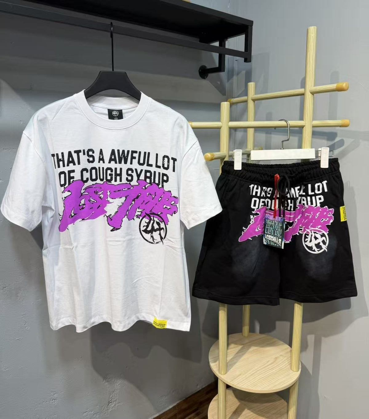 THAT'S A AWFUL LOT OF COUGH SYRUP Pink Graffiti T-Shirt & Shorts Set ¡ª front