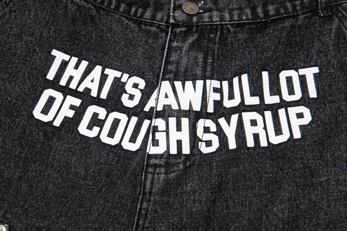 THAT'S A AWFUL LOT OF COUGH SYRUP Washed Denim Graphic Shorts ¡ª detail