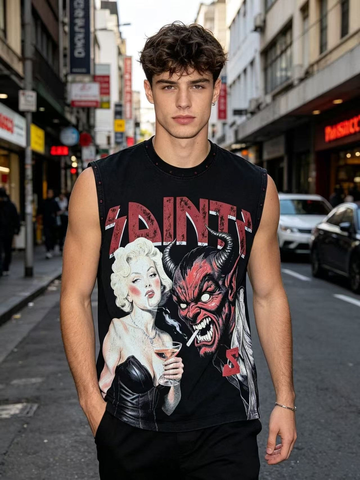 SAINT Washed Black Rhinestone Rock Graphic Sleeveless T-Shirt ¡ª model