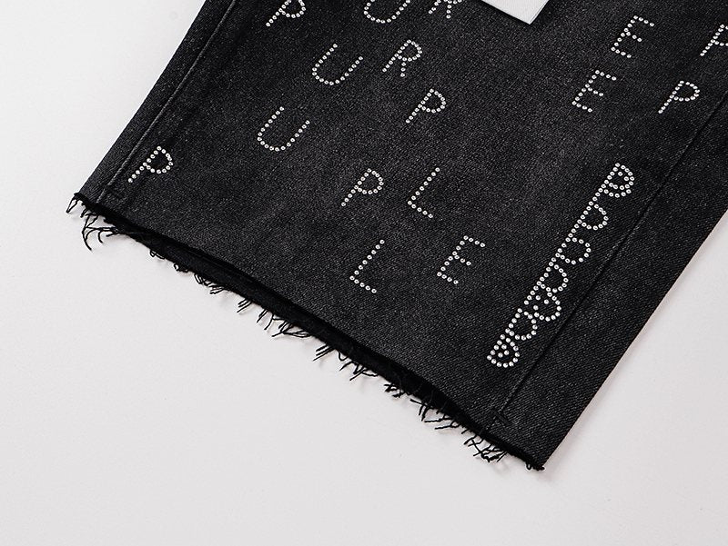 Purple Brand Black Rhinestone Graphic Denim Shorts ¡ª detail