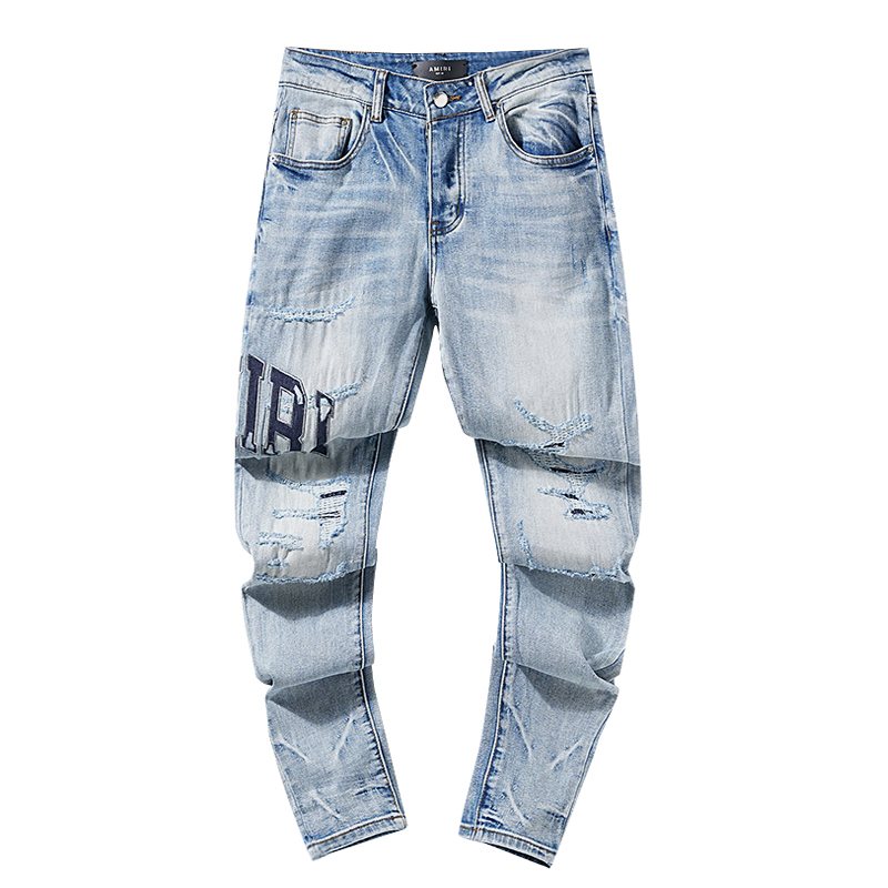 AMIRI Light Blue Distressed Paneled Jeans ¡ª front