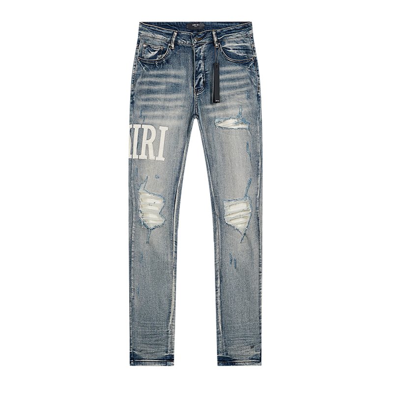 AMIRI Light Blue Distressed Letter Applique Jeans ¡ª front