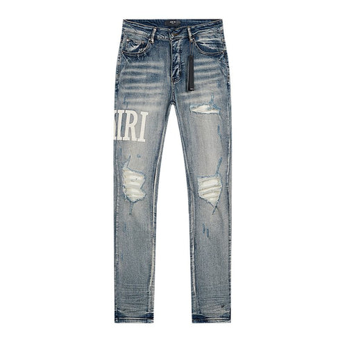 AMIRI Light Blue Distressed Letter Applique Jeans ¡ª front