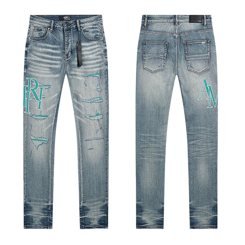 AMIRI Turquoise Embroidered Light Blue Jeans ¡ª hero
