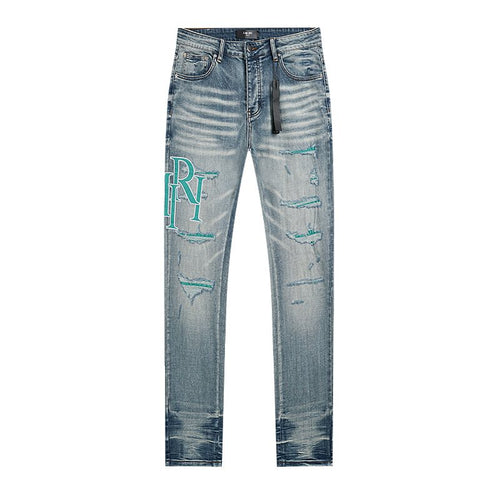 AMIRI Turquoise Embroidered Light Blue Jeans ¡ª front