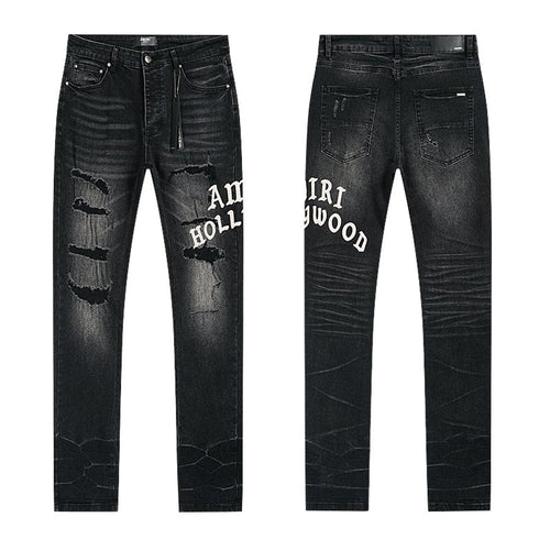 AMIRI Hollywood Lettering Distressed Jeans in Black ¡ª hero