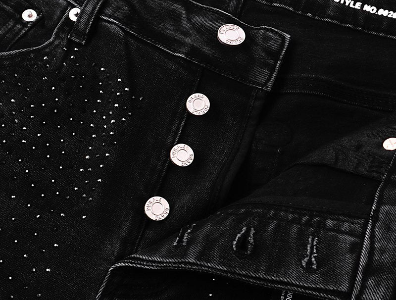 Purple Brand Black Rhinestone Splatter Denim Shorts ¡ª detail
