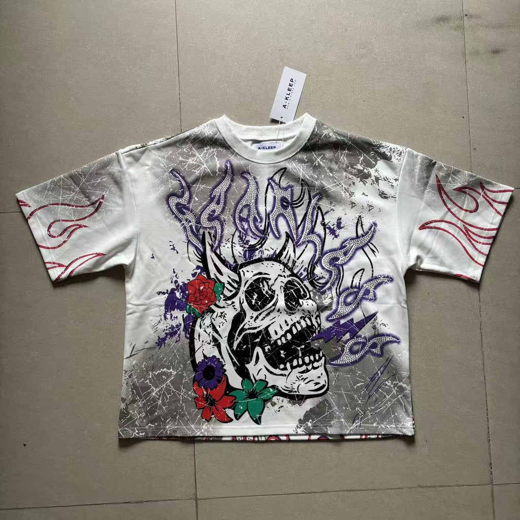 KLEEP Skull Flame Distressed Graphic T-Shirt ¡ª front