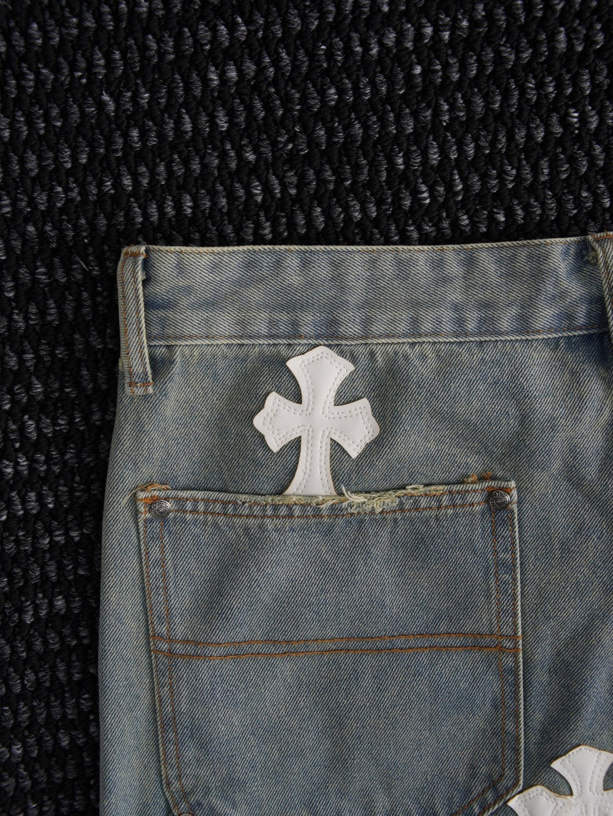Chrome Hearts Cross Patch Light Blue Denim Shorts ¡ª detail