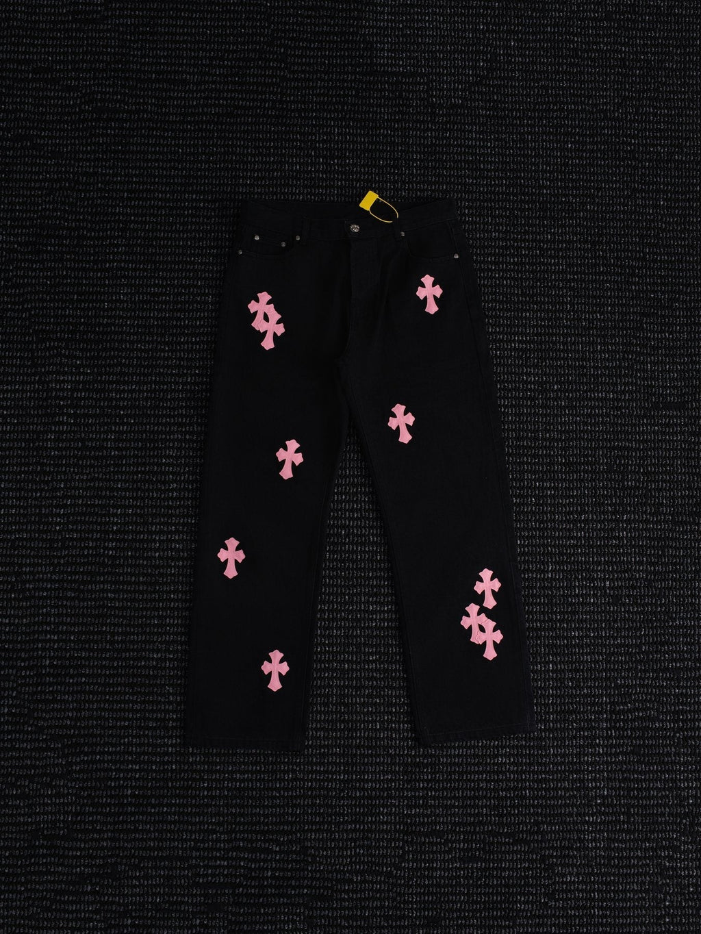 Chrome Hearts Pink Cross Patch Black Jeans ¡ª front