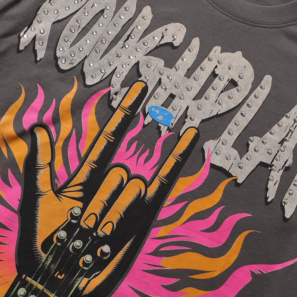 Rough Play Rock Hand Guitar Rhinestone Graphic T-Shirt ¡ª detail