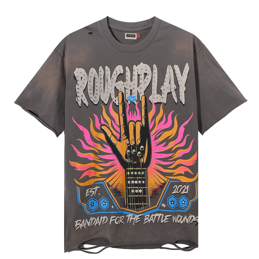 Rough Play Rock Hand Guitar Rhinestone Graphic T-Shirt ¡ª hero