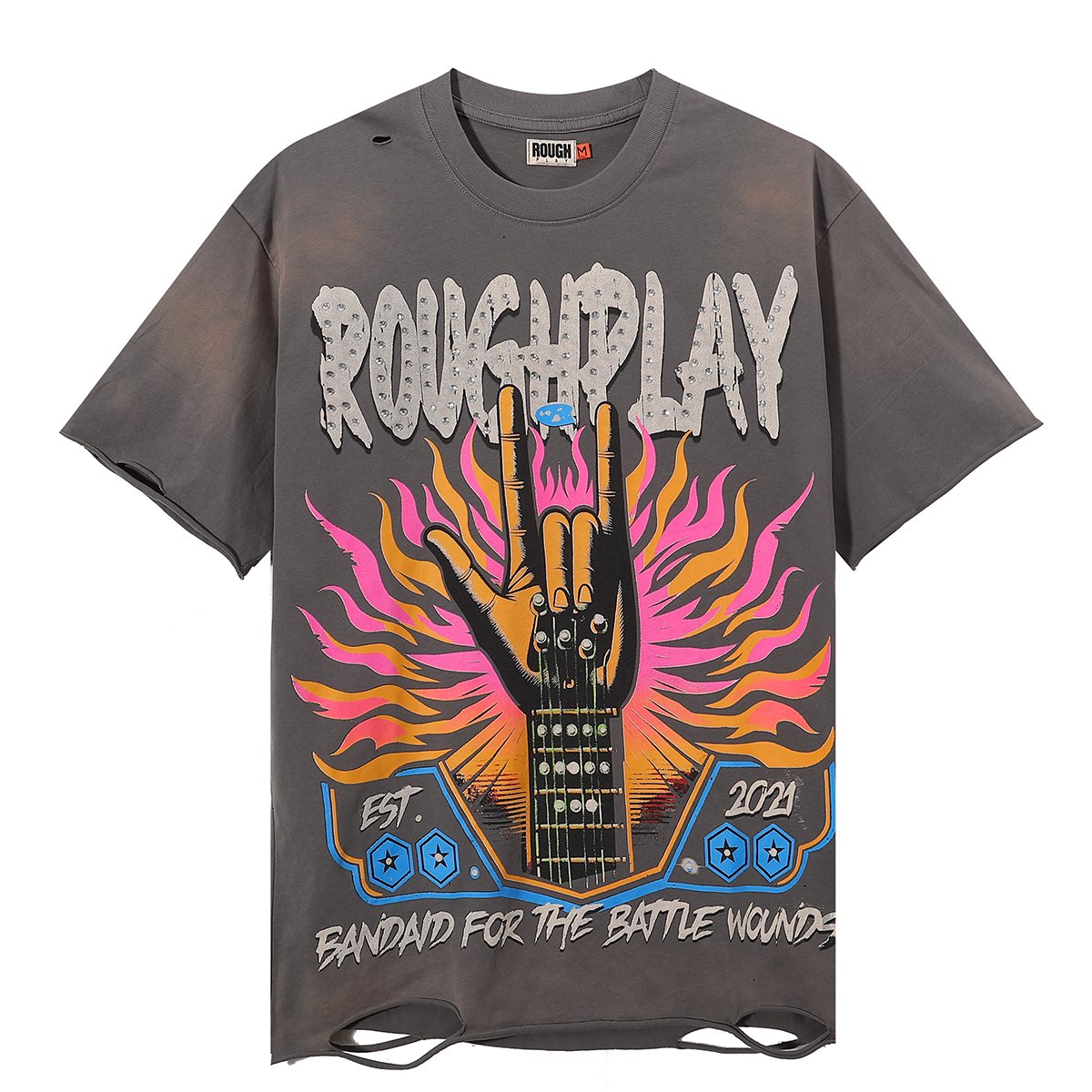 Rough Play Rock Hand Guitar Rhinestone Graphic T-Shirt ¡ª hero