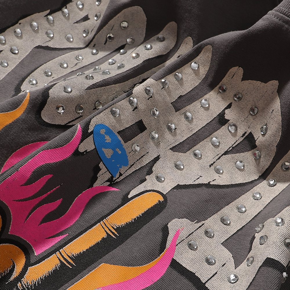 Rough Play Rock Hand Guitar Rhinestone Graphic T-Shirt ¡ª detail