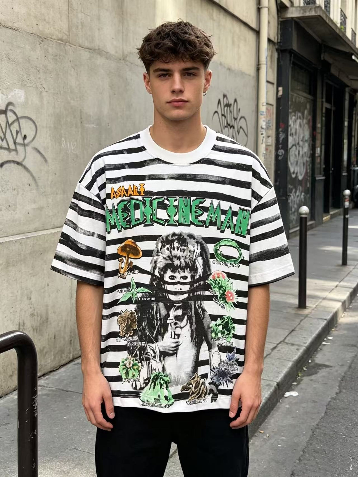 ASAALL Striped Front & Back Graphic T-Shirt ¡ª model