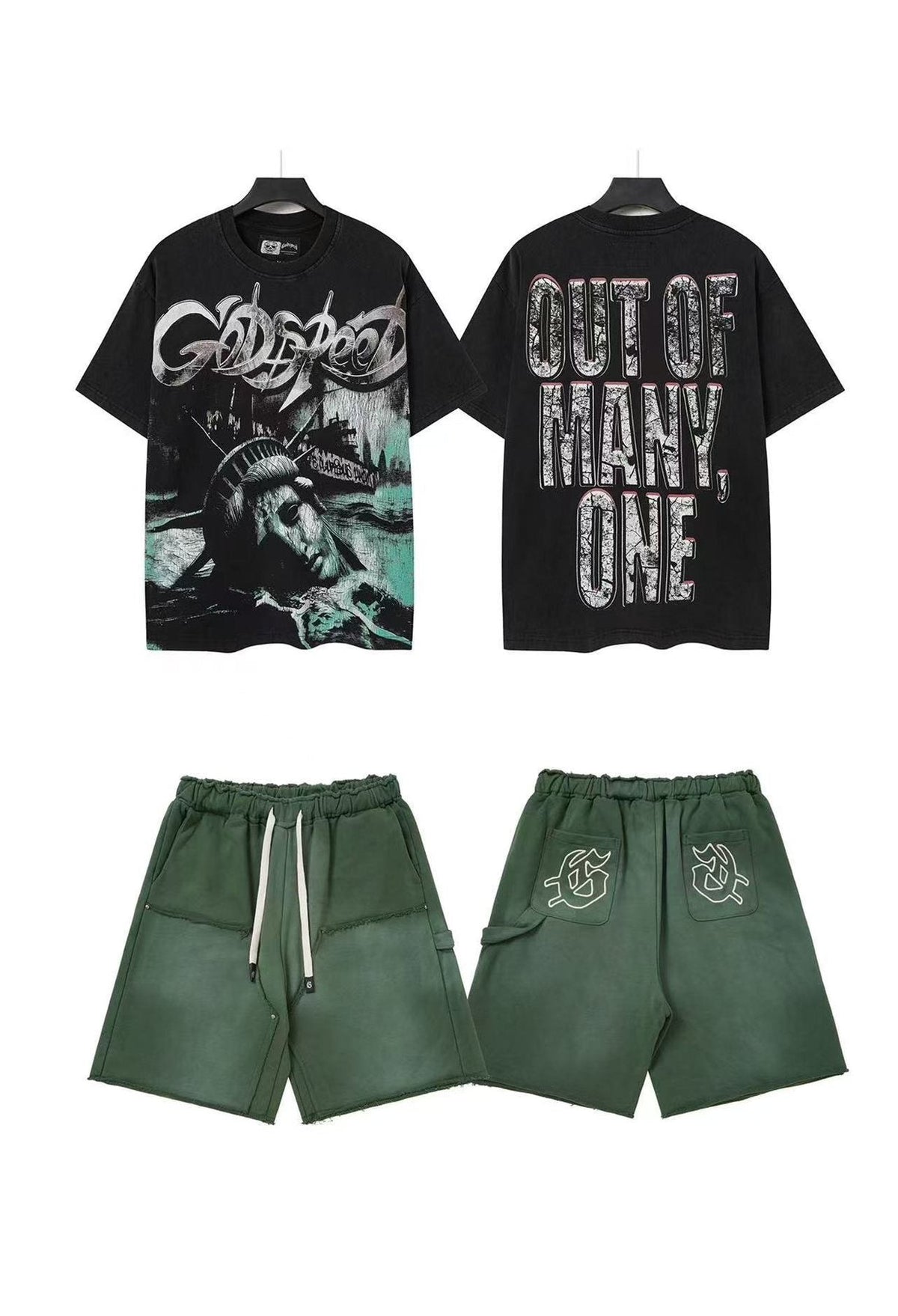 Godspeed Out of Many One Statue Tee and Shorts Set ¡ª front