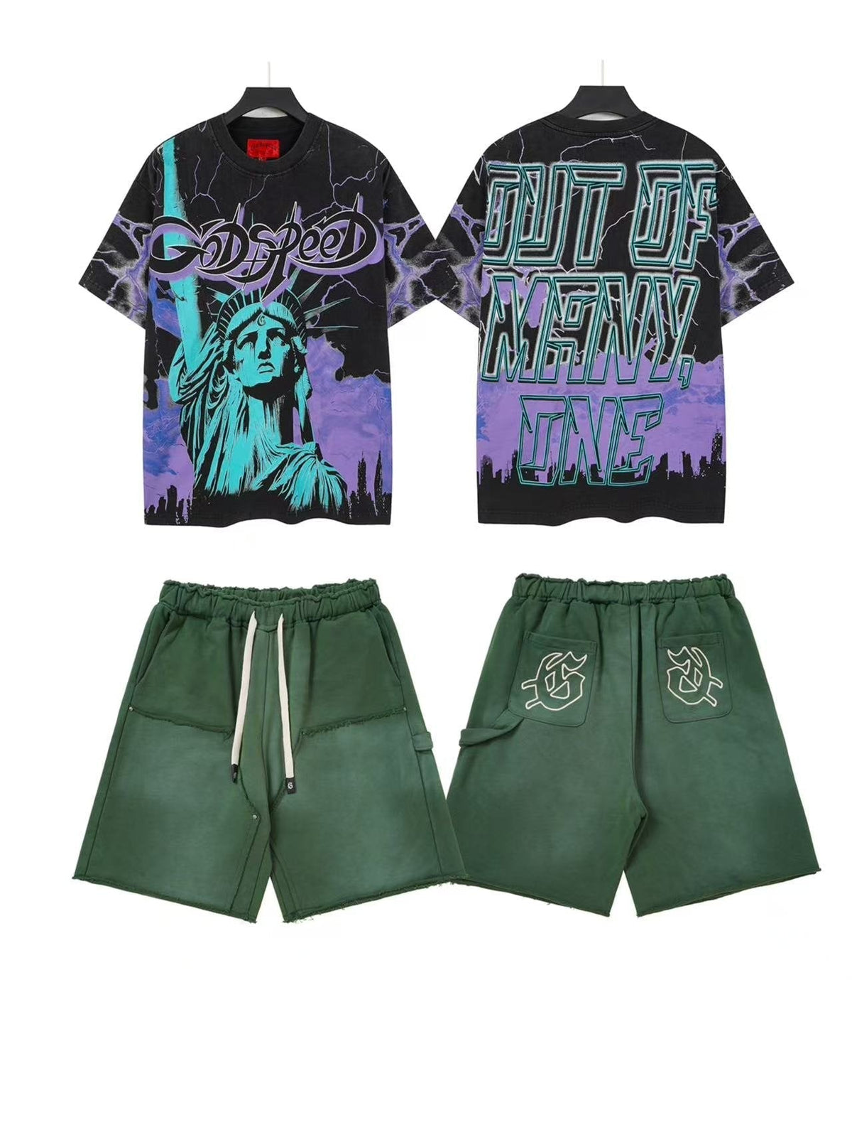 Godspeed Out of Many One Statue Tee and Shorts Set ¡ª front