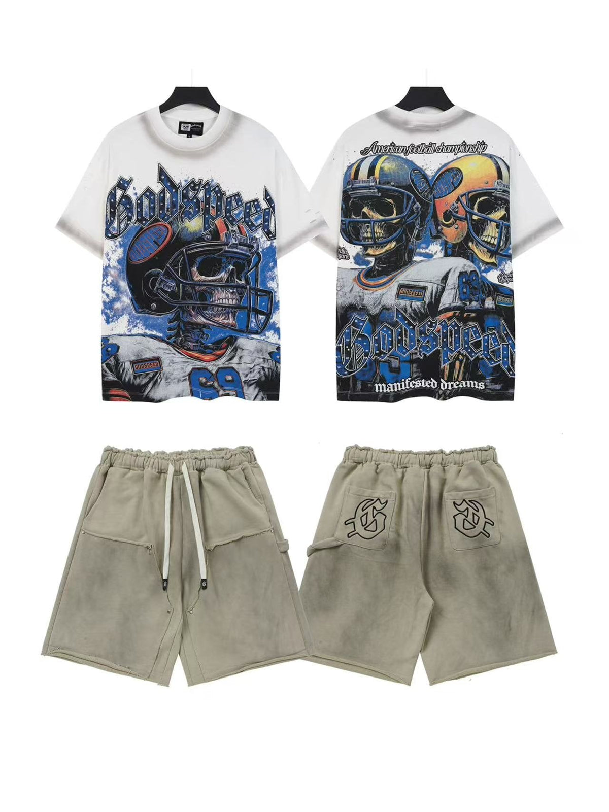 Godspeed Football Helmet Graphic T-Shirt and Shorts Set ¡ª front