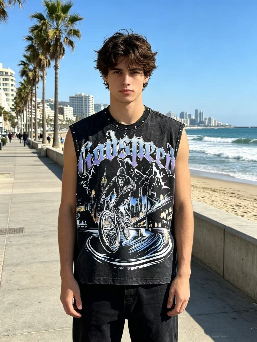 Godspeed Manifest Skull Studded Black Sleeveless T-Shirt ¡ª model