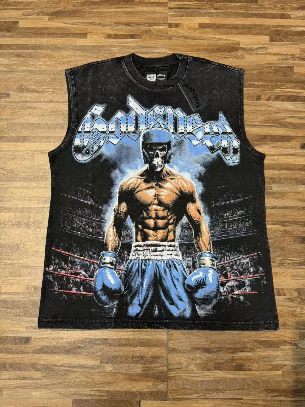 Godspeed Boxer Skull Graphic Acid-Wash Sleeveless T-Shirt ¡ª front