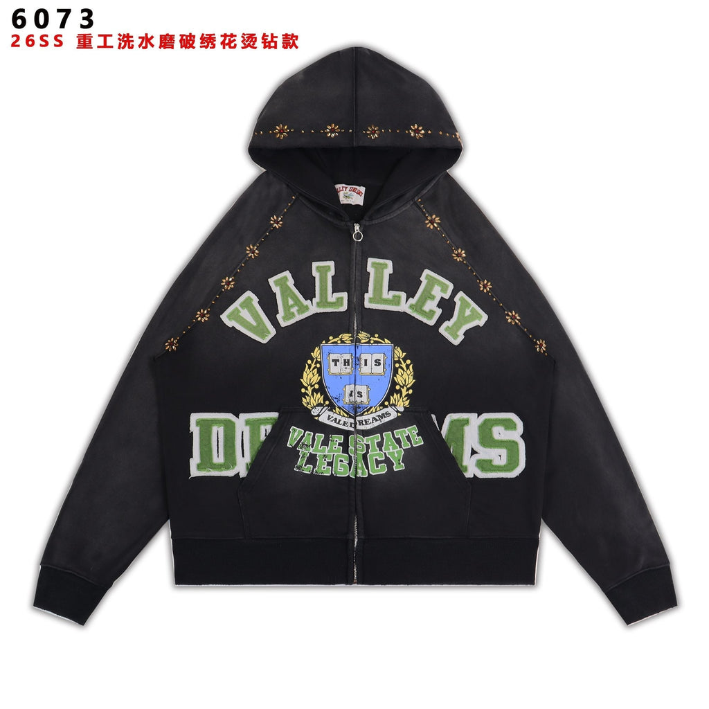 Valley Dreams Washed Black Collegiate Crest Zip Hoodie ¡ª hero